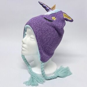James Paul Youth Purple Unicorn Beanie Hat and Mitten Set Faux Fur Lined NWT